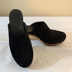 UGG Black Suede Mules with Wooden Heel